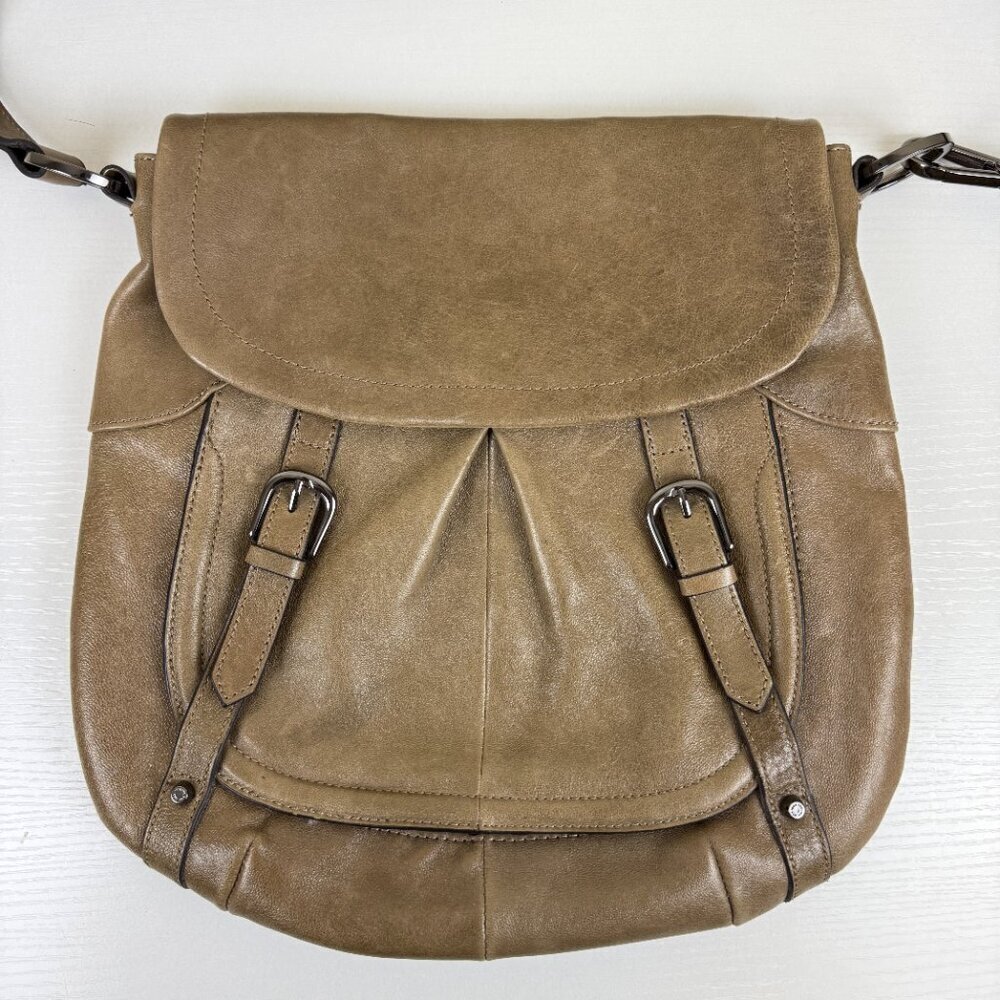 Like New Perlina Olive Brown Distressed Leather Crossbody Shoulder Bag